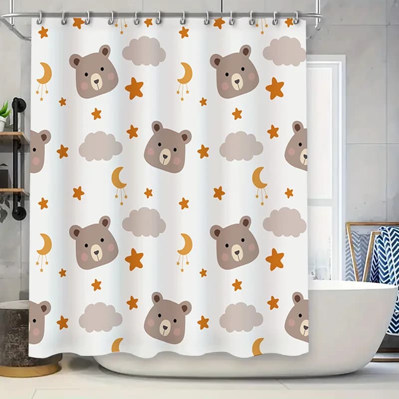 Adorabile cartone animato Orsi Nuvola Luna Tenda da doccia per arredamento bagno in bianco con stelle Tessuto lungo resistente all'acqua da 72 pollici Pr