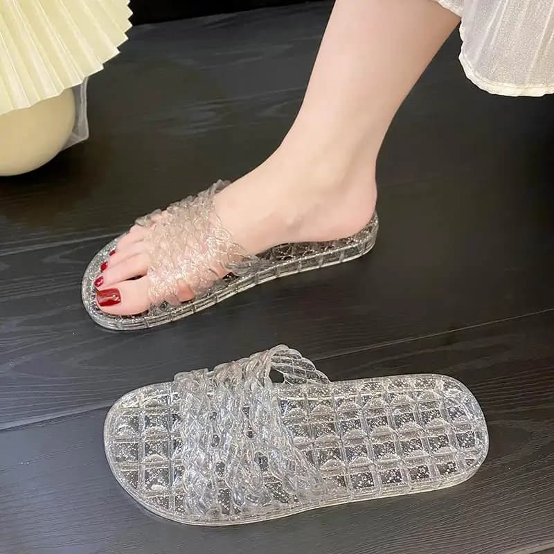 Summer Crystal Slippers Women's Home Use Transparent Plastic Flat Bottom Anti-Slip Deodorant Casual One-Strap Slippers