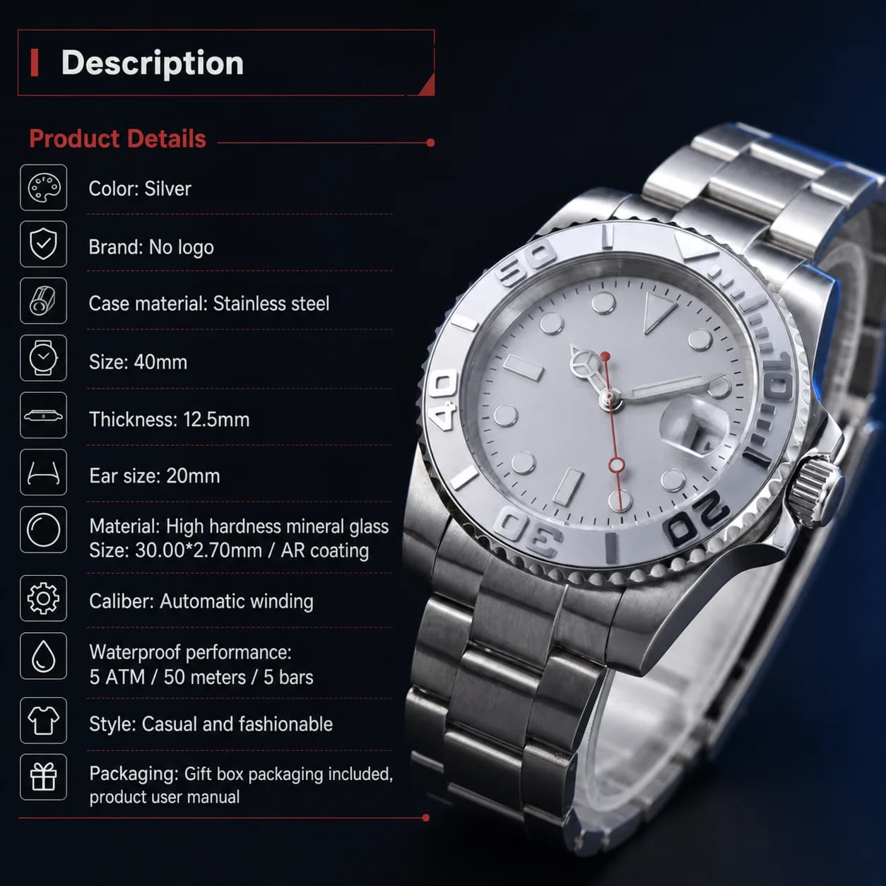 Mens Automatic Mechanical Watch Gift Option Diver Design 40mm 12.5mm 316L Steel Ceramic Bezel Luminous 5ATM Waterproof Date