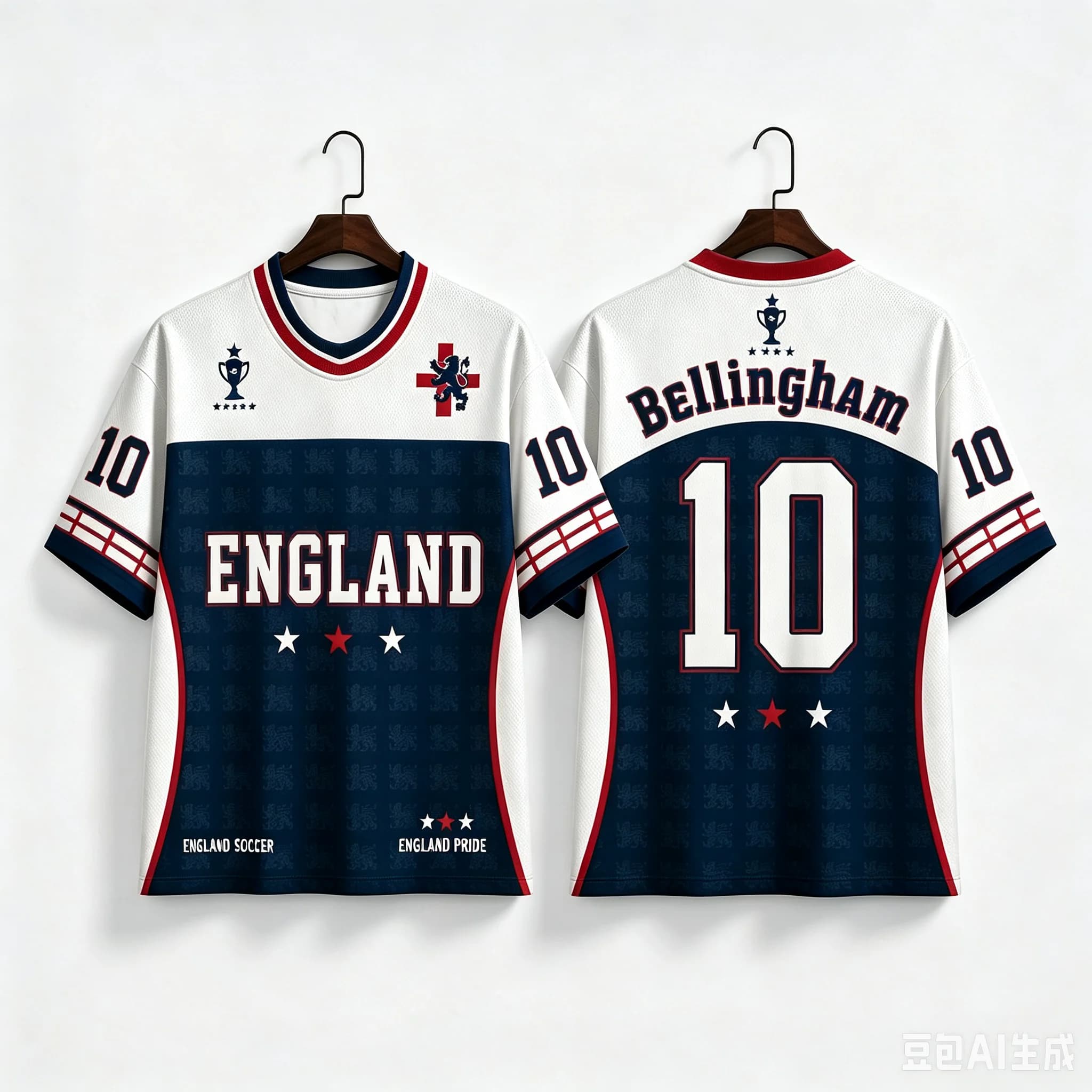England Fan Retro Jersey, #9 #10 Red White Navy Football Shirt, Lion & Trophy Pattern Breathable Fan Uniform for Men Women Youth