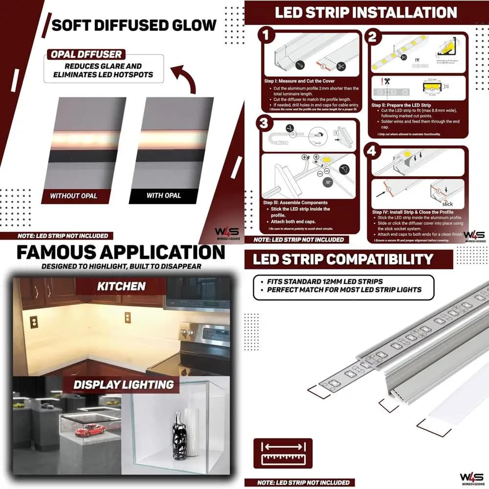 Kit of 5 2m LED Channels with Opal Diffuser 30 or 60 Degrees for Lighting Subthought and Shelves