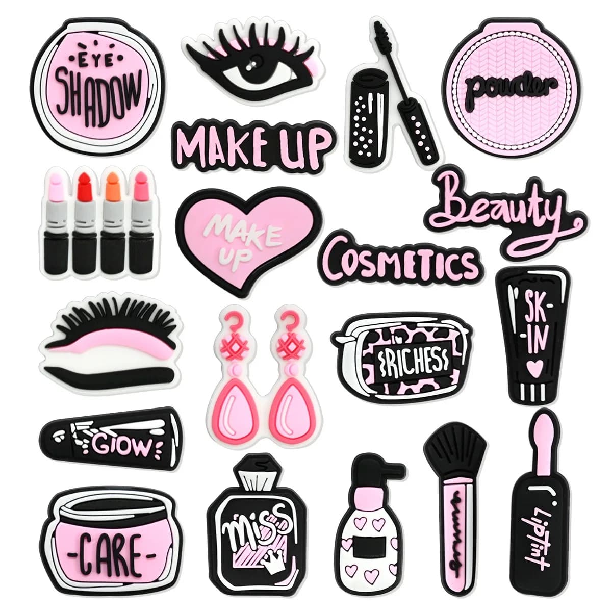 19-100 Pezzi Decorazioni per Scarpe in PVC a Tema Trucco e Ombretto, Accessori per Zoccoli da Donna, Ciondoli Fai da Te per Braccialetti alla Moda