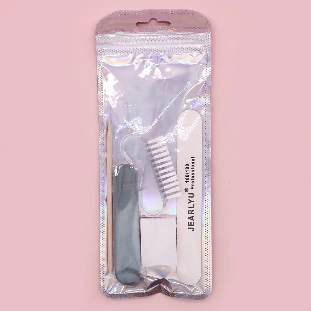 Set di 5 Strumenti Monouso per Manicure: Mini Lima Spugna Bianca, Blocco Buffer, Bastoncino in Legno Arancione, Pennello Trasparente per Nail Art, Lima in Legno
