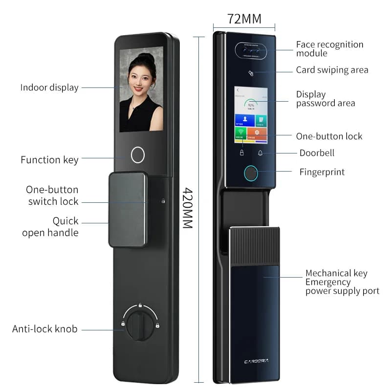 Cardoria Fotocamera a doppio schermo AI completamente automatica Doppia porta elettrica con vena di palma Ingresso con impronta digitale intelligente Blocco facciale Smart Lock