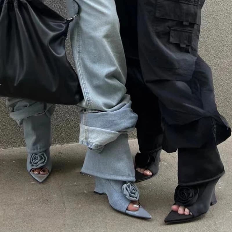Street Spicy Girl Style Pointy Open Toe Slope Cool Boots Summer Sexy Rose Denim Short Boots 3D Flower sandal 35-39 Women's Shoes