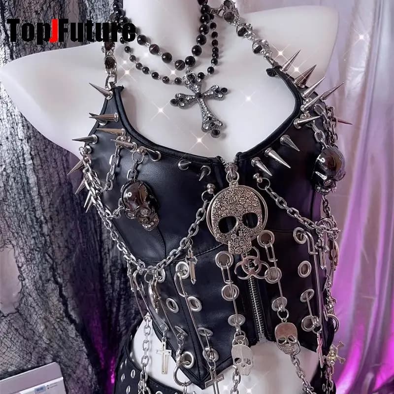Y2K Ragazza Steampunk Donna Gotico Lolita Punk Harajuku Streetwear PU Testa di teschio Cintura Spike Trim Crop Top Rivetto Catena di metallo Top