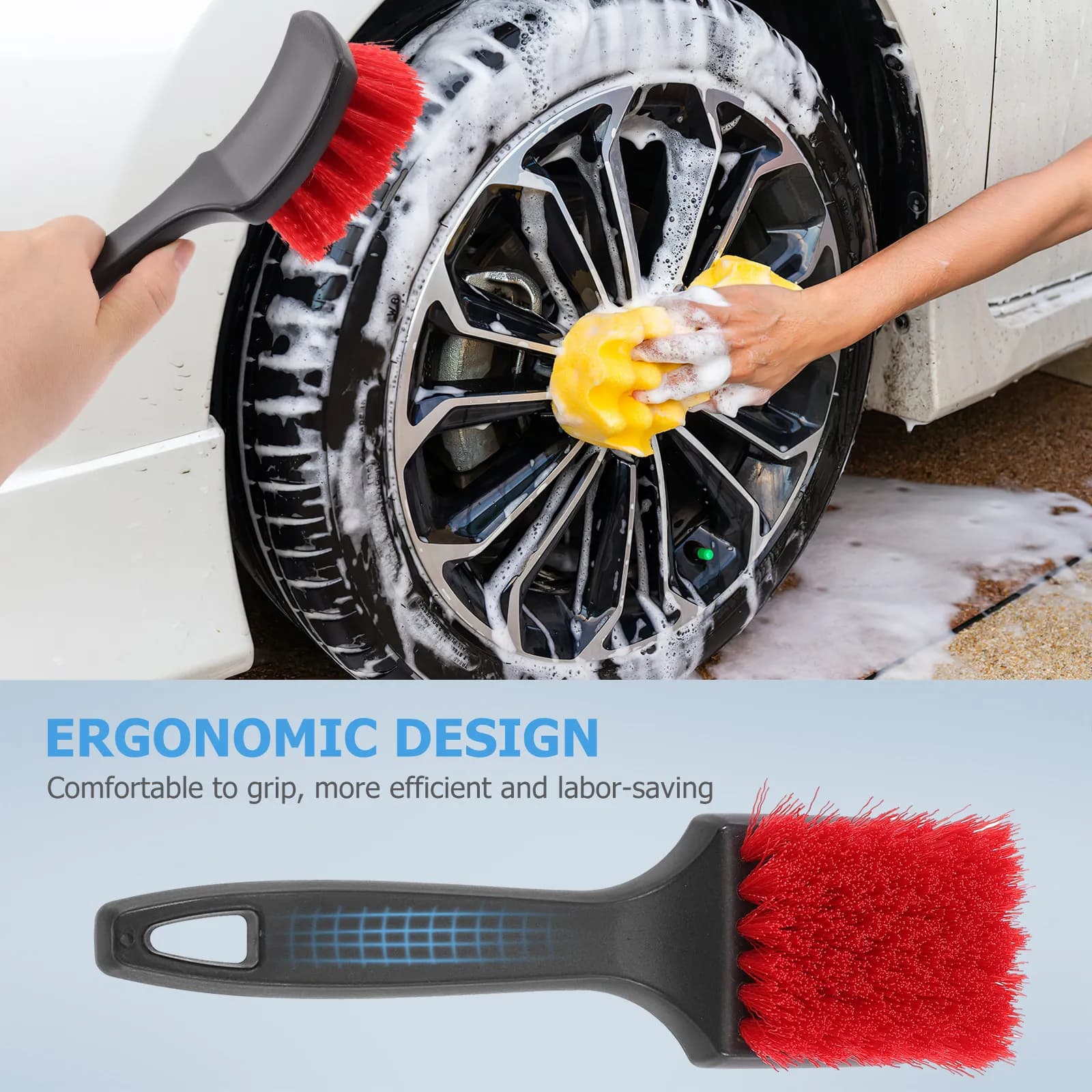 Premium Car Wheel Brush with Softer Bristles Ergonomic Short Handle Hanging Hole for Tire Rim Cleaning Car Wash Tire Detailing