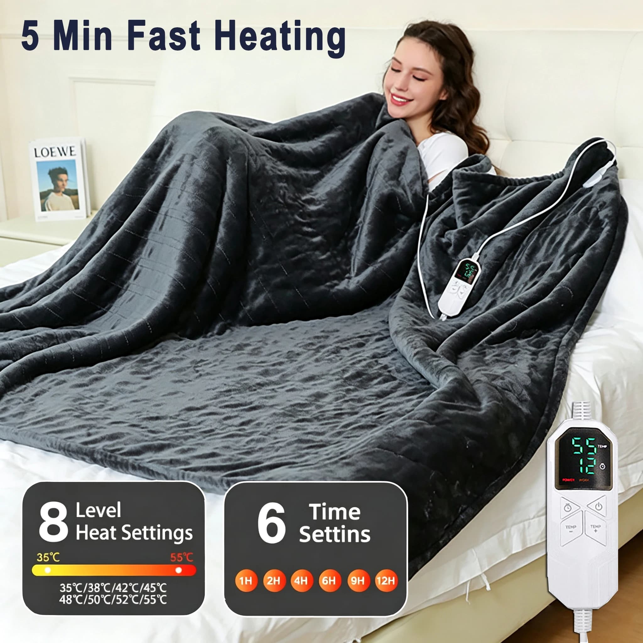 Upgraded Heated Blanket 127x152cm Electric Blanket Soft Throw Blanket w/ 8 Heating Levels & 6 Times Setting, Digital Display