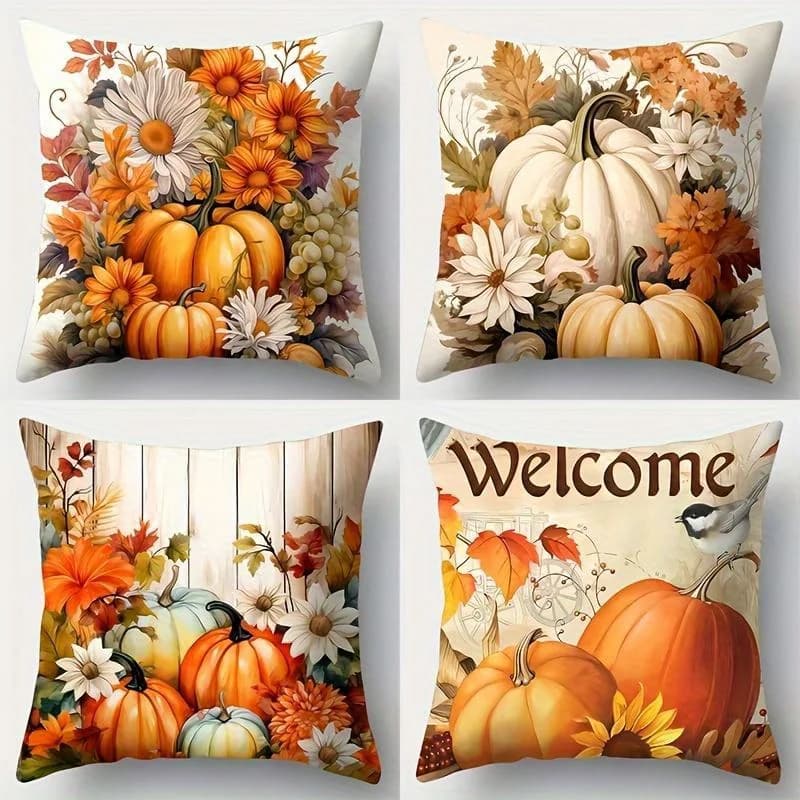 4pcs Autumn-Themed Throw Pillow Covers 17.7x17.7 Inch - Pumpkin & Floral Halloween Decor with Zipper Closure, Machine Washable P