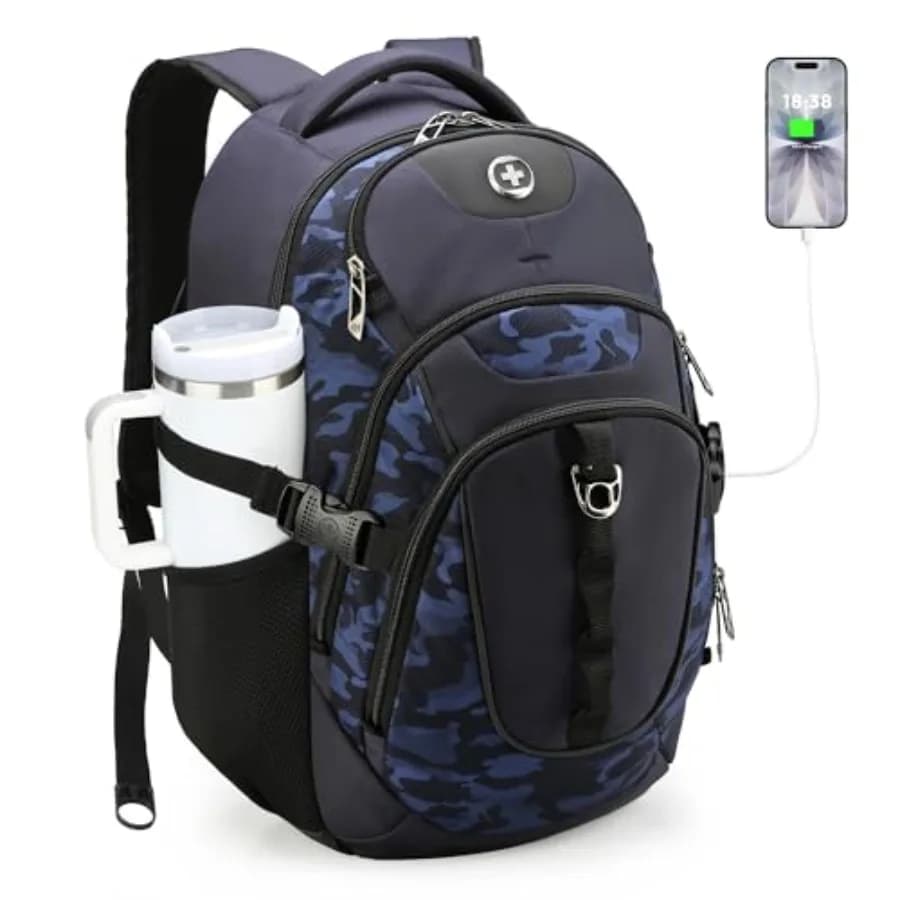 Zaino per Laptop Blu Mimetico con Porta USB per Computer da 15,6 Pollici, Zaino da Viaggio e Scuola da 31L per Uomo