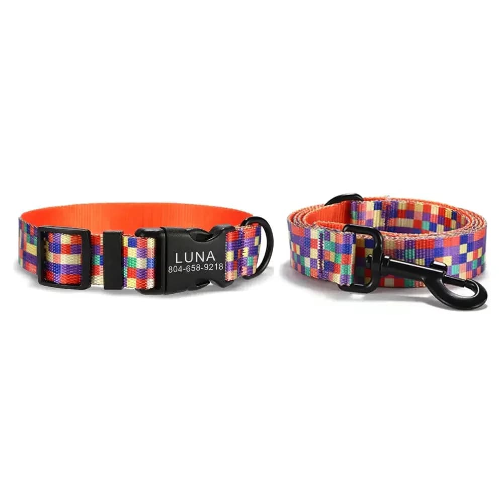 Collare per cani personalizzato con incisione gratuita, guinzaglio per animali abbinato, fibbia per contatti personalizzati, collare per animali domestici per gatti con cubo arcobaleno