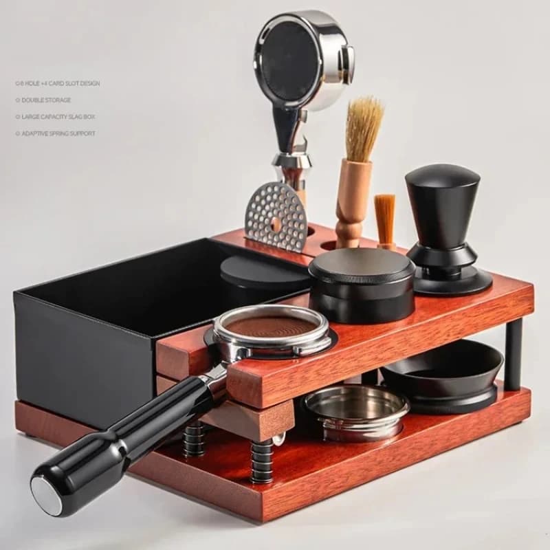 Spring Coffee Tamper Holder with Knock Box Double-layer Solid Wood Distributor Universal Portafilter & Puck Screen Storage Base