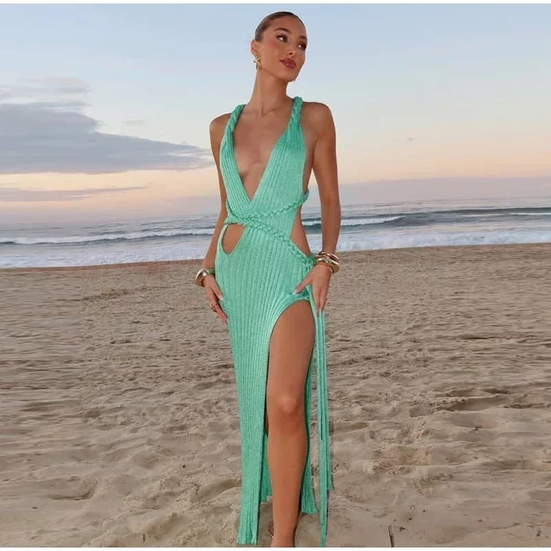 Abito lungo senza schienale con spacco alto in maglia sexy Donna Abiti con scollo a V cavi a costine verdi Donna 2025 Summer Lady Beach Party Robes Nuovo