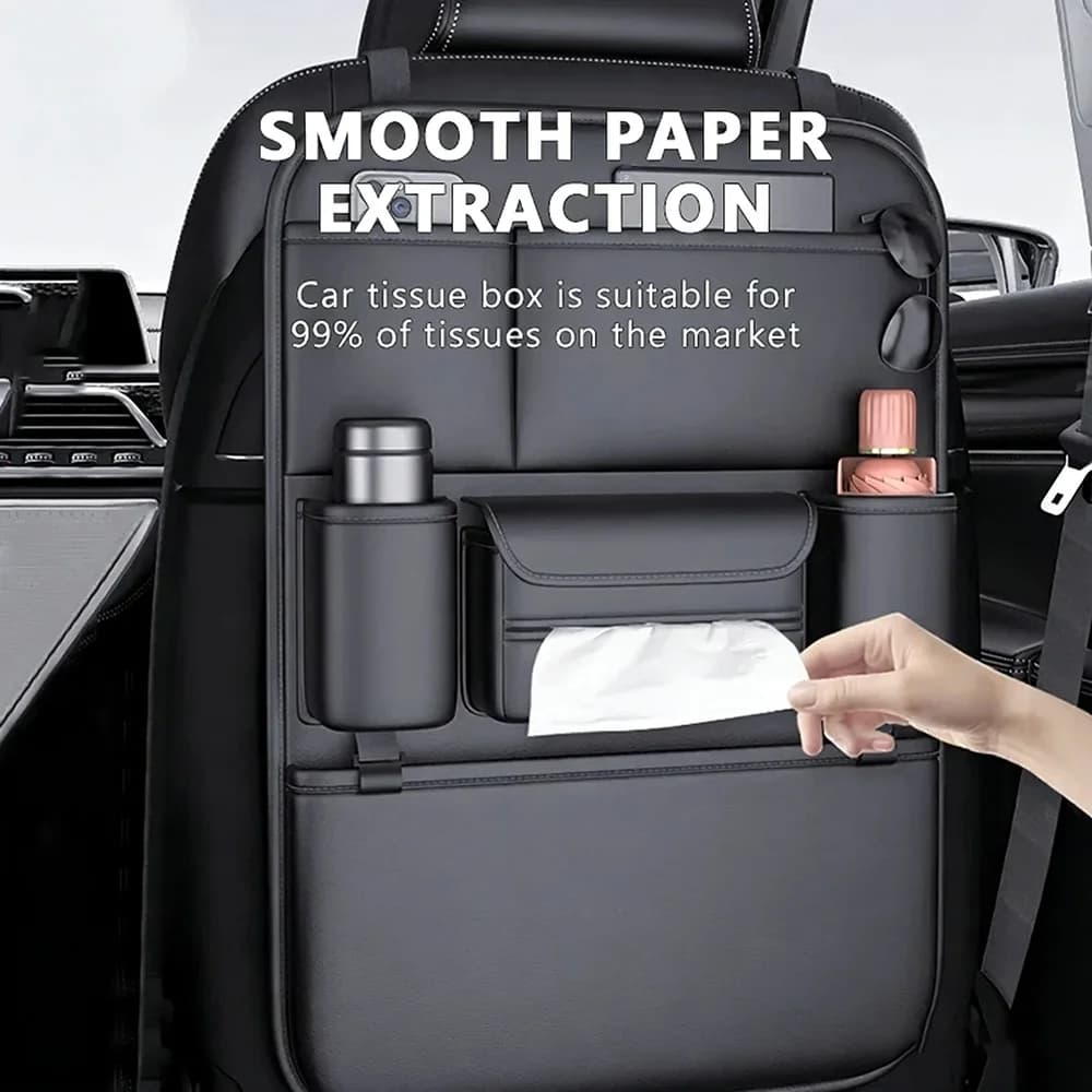 Borsa portaoggetti per sedile auto in pelle impermeabile, protezione anti-urto, 6 tasche, organizer resistente all'usura per sedile posteriore auto, porta fazzoletti/bicchieri