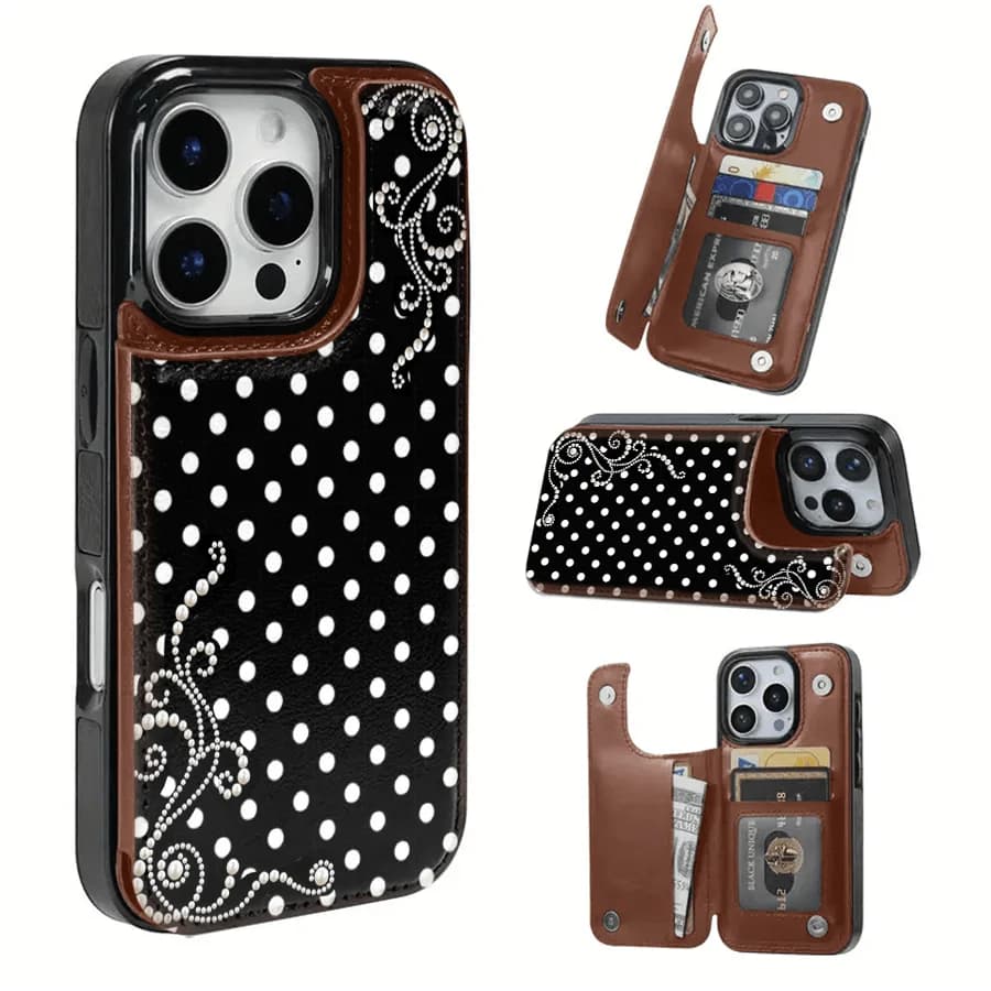 Custodia in pelle con motivo a pois e perle, compatibile con iPhone 17 Pro Max/Air/16/15/14/13/12/11. Per Samsung.
