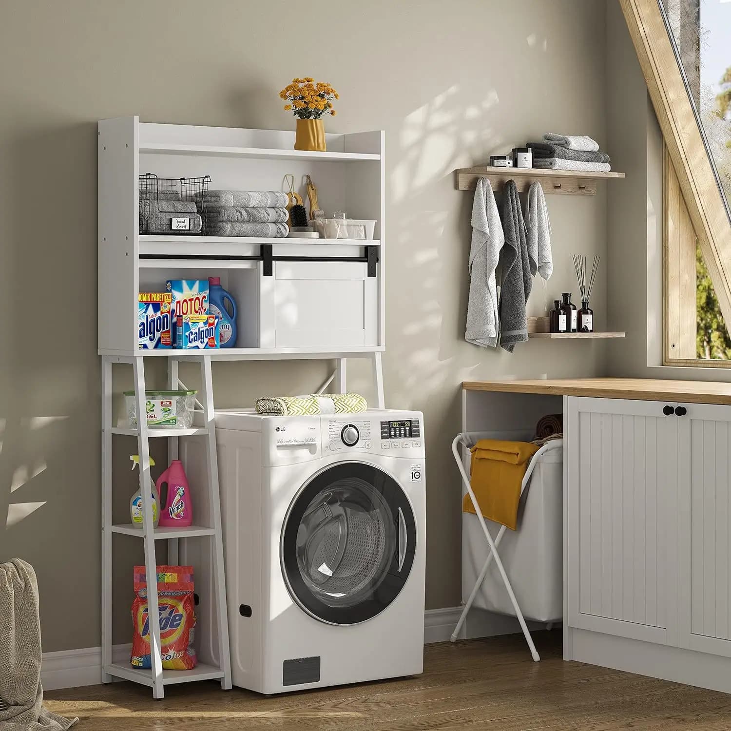 Bathroom storage rack with toilet paper holder, toilet floor-to-ceiling locker with East China barn door space-saving storage
