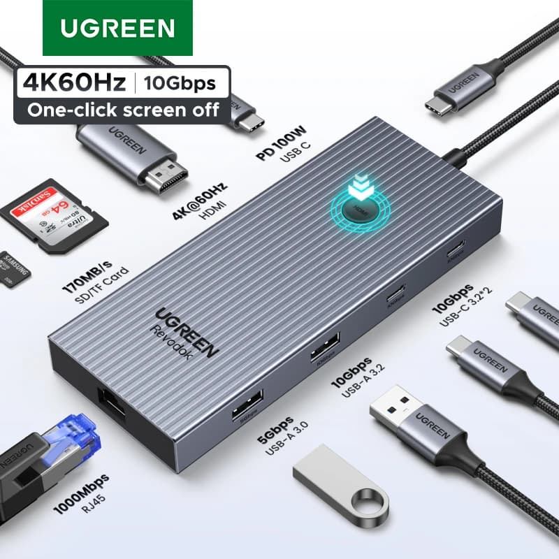 UGREEN USB-C HUB 9-in-1 4K60Hz HDMI PD100W RJ45 SD/TF USB3.2 Gen2 10Gbps per accessori per laptop Dell MacBook HP Splitter Docking