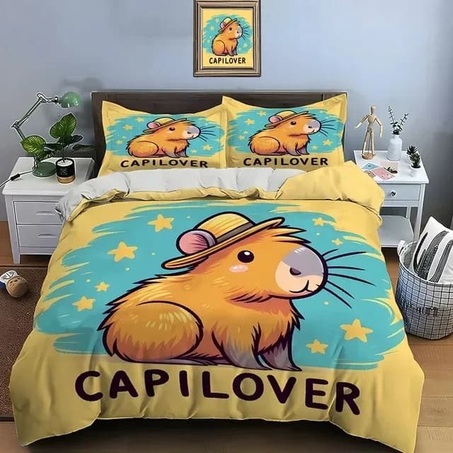 Bed linen set with Capibara Cartoon print, 1 Cushion and 2 Loyalty, Set for Adults and Boys, Luxury Gift