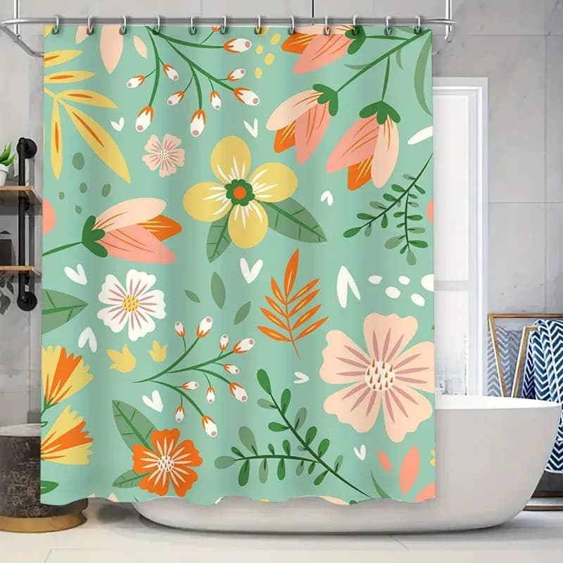 Fiori decorativi Tenda da doccia Tessuto impermeabile Accessori da bagno Set tappetino da bagno moderno Rosa Verde Stampa floreale Dimensioni 72x84 (