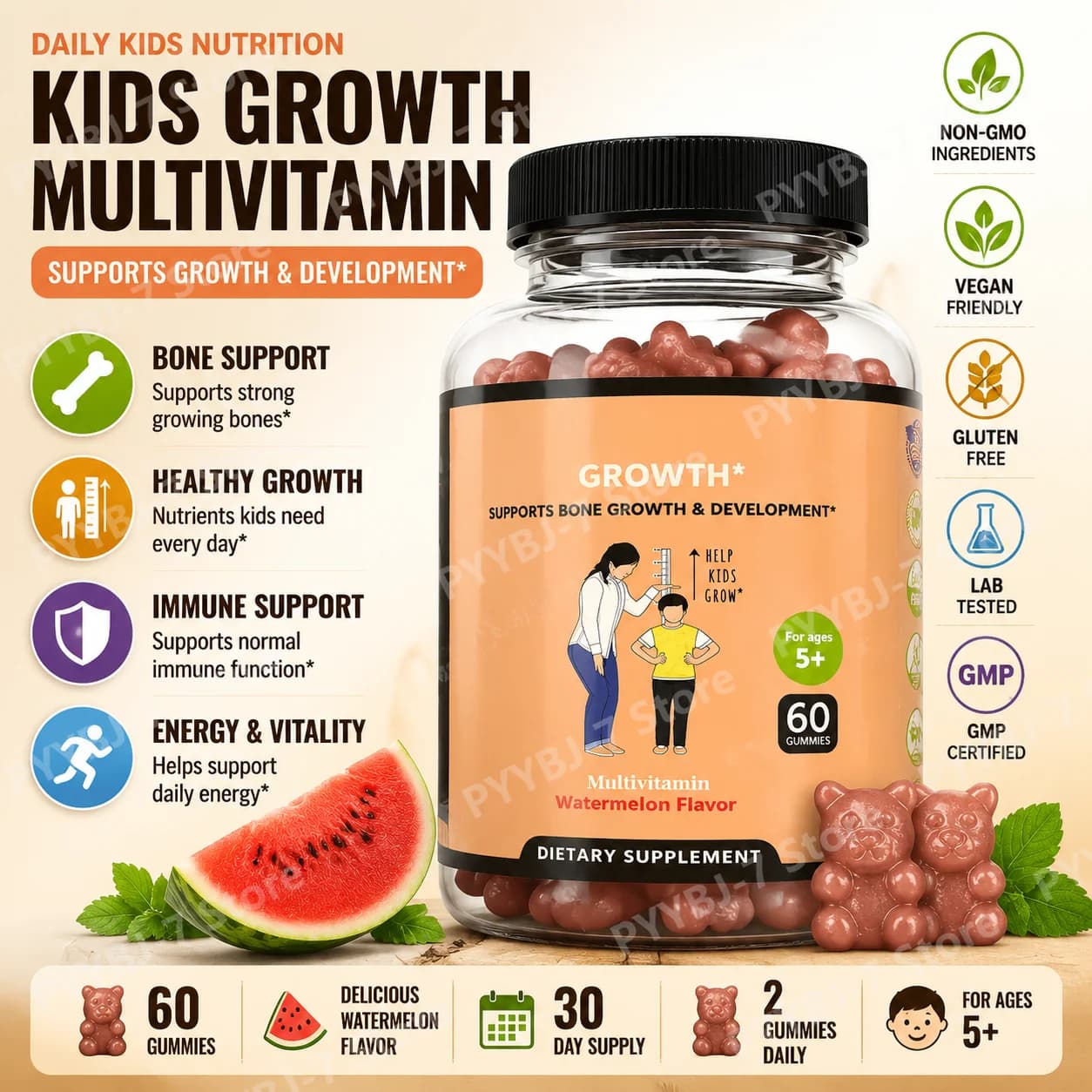 Gommose Nutrizionali per Bambini, Multivitaminico Quotidiano con Calcio, Vitamine D e K, 60 Gommose, Integratore Alimentare al Gusto Anguria