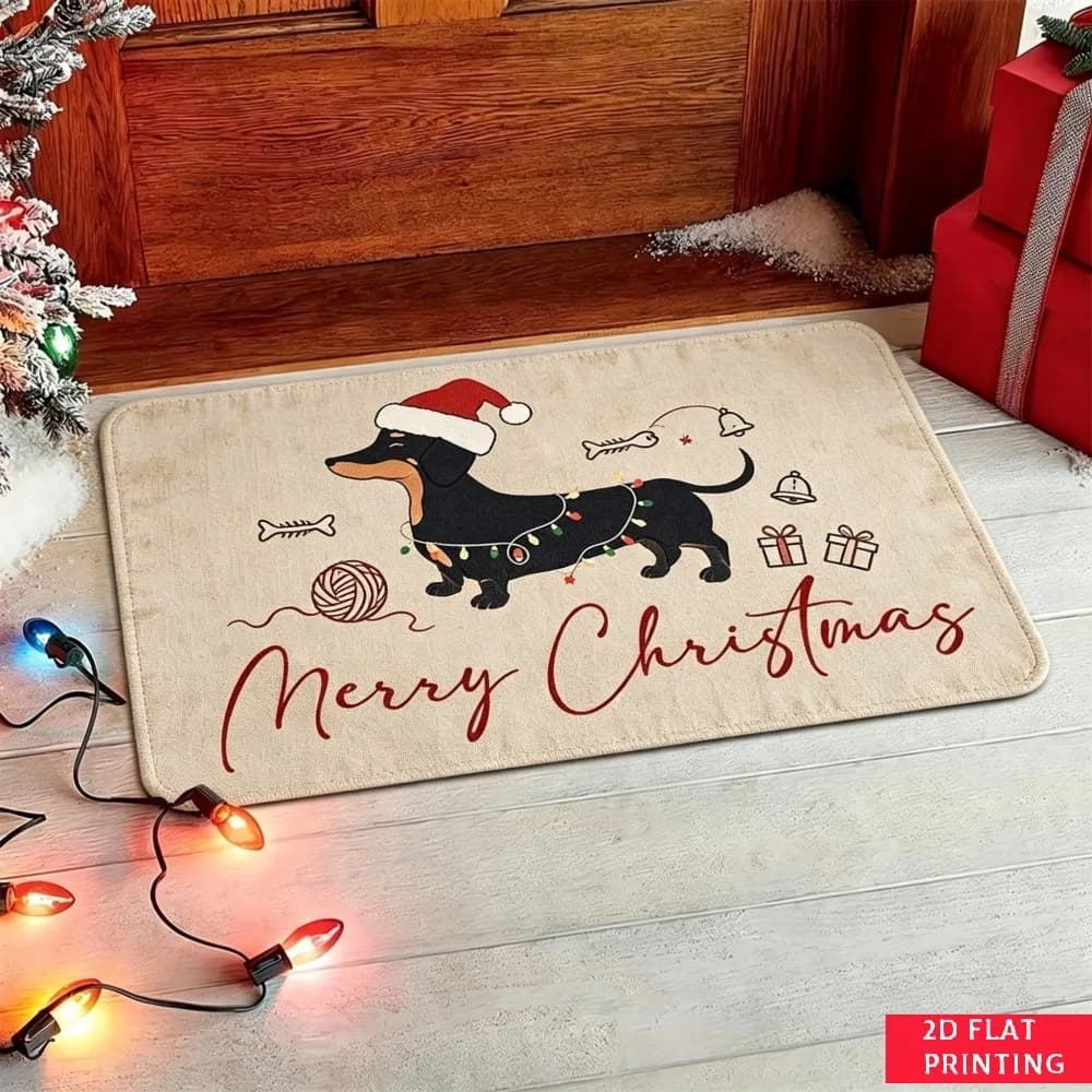 Dachshund Christmas Welcome Mat Beige Background Light String Bell Print Non Slip Washable Floor Mat For Festive Pet Lover Home