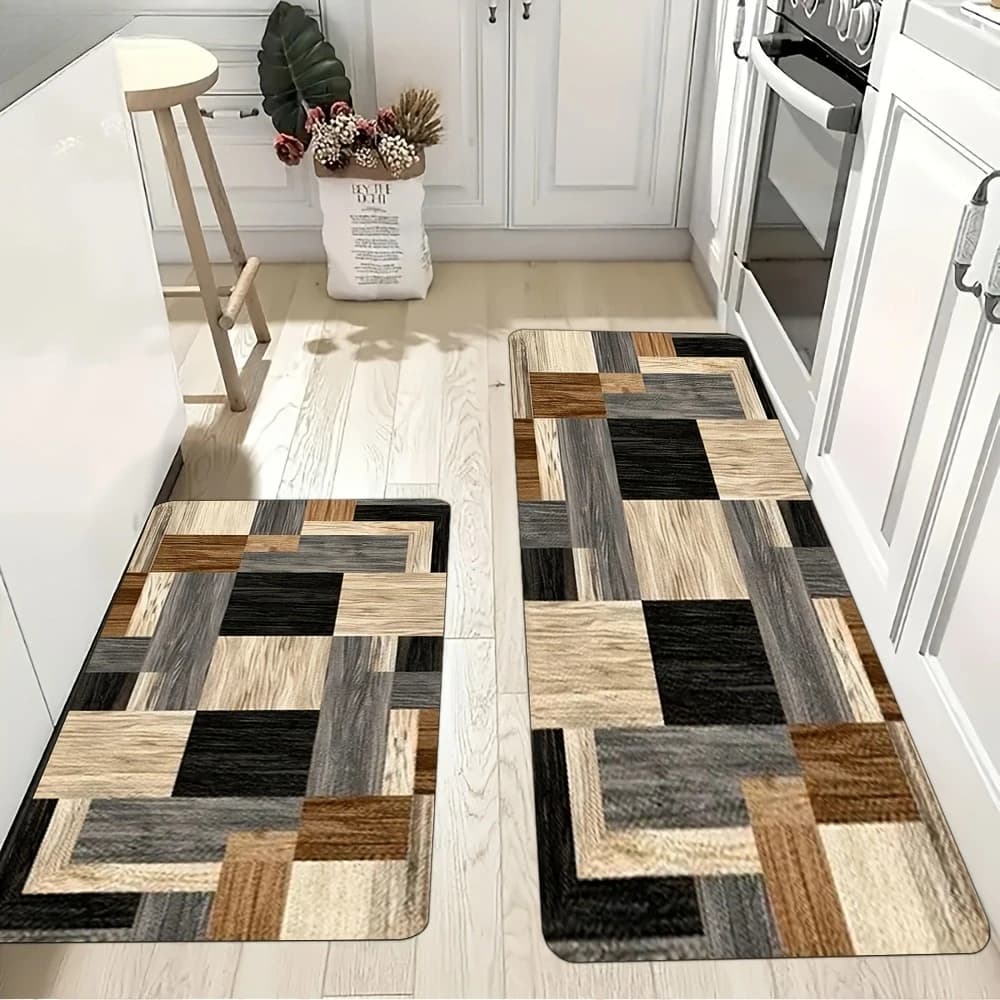 Tappeto Lungo Effetto Legno a Griglia, Stile Nordico, Antiscivolo, per Camera da Letto, Cucina, Soggiorno, Ingresso, Stile Rustico