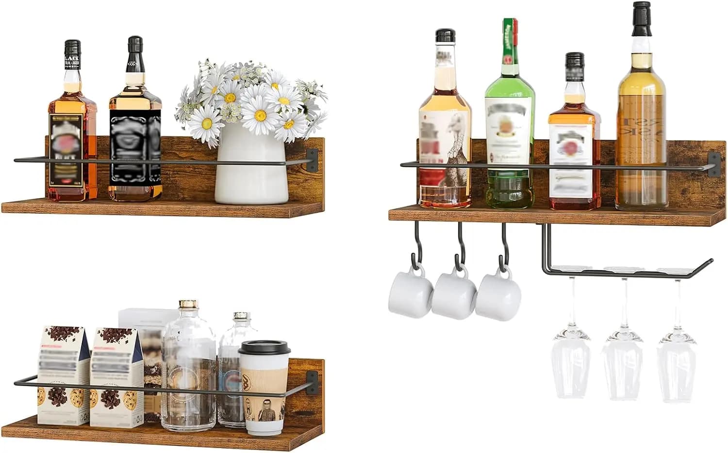 Portabottiglie da Parete (Set da 3), Scaffali Galleggianti per Vino, Porta Bicchieri da Vino, per Li