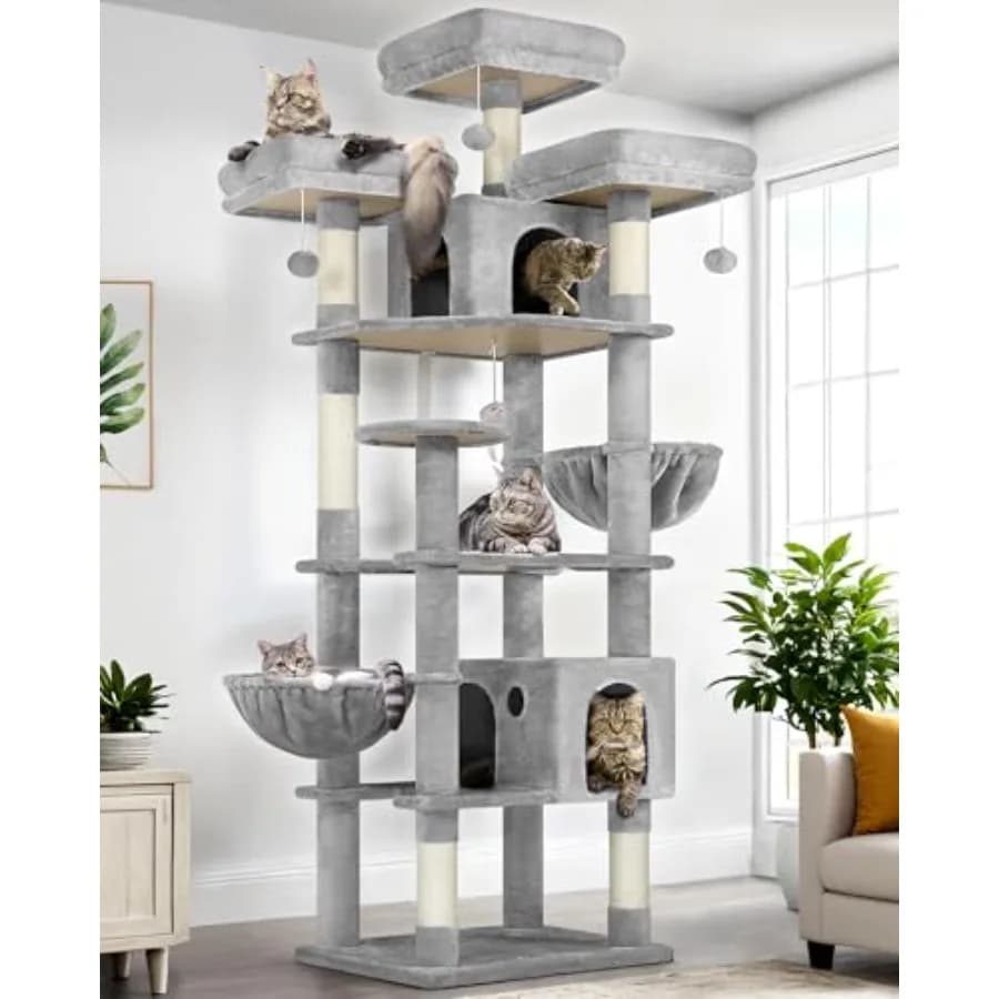 Albero per Gatti XXL da 82 Pollici per Gatti Adulti Multipli da Interno con Tiragraffi, 3 Posti Sdraio, 2 Cucce, 2 Cesti Sospesi, Leggero