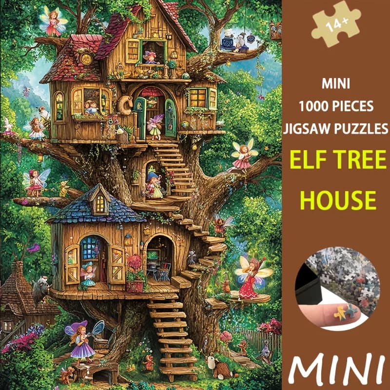 Puzzle mini dimensioni 1000 pezzi Elf Tree House Art, 38x26 cm, magico cottage invernale per decorazioni natalizie e appassionati di fai da te