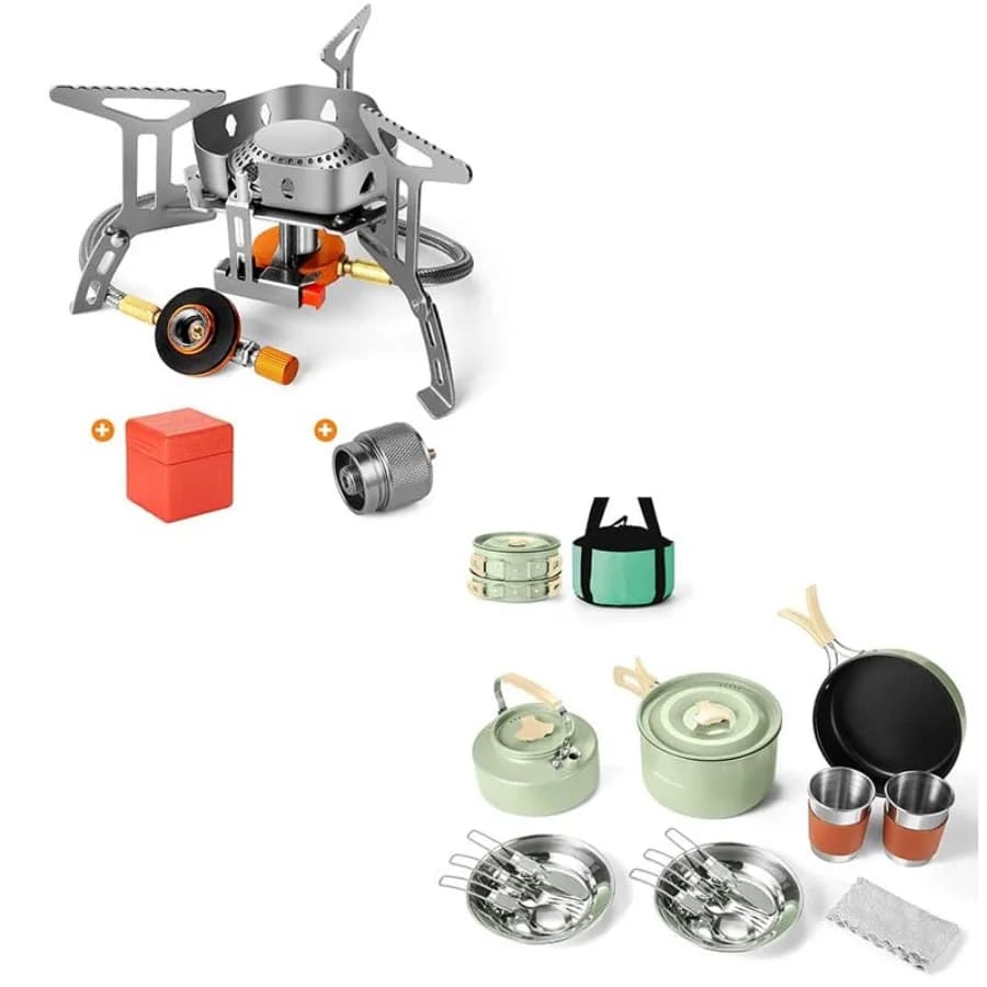 Set - 2 Articoli: Fornello da Campeggio Antivento 3500W e Set di Pentole da Campeggio