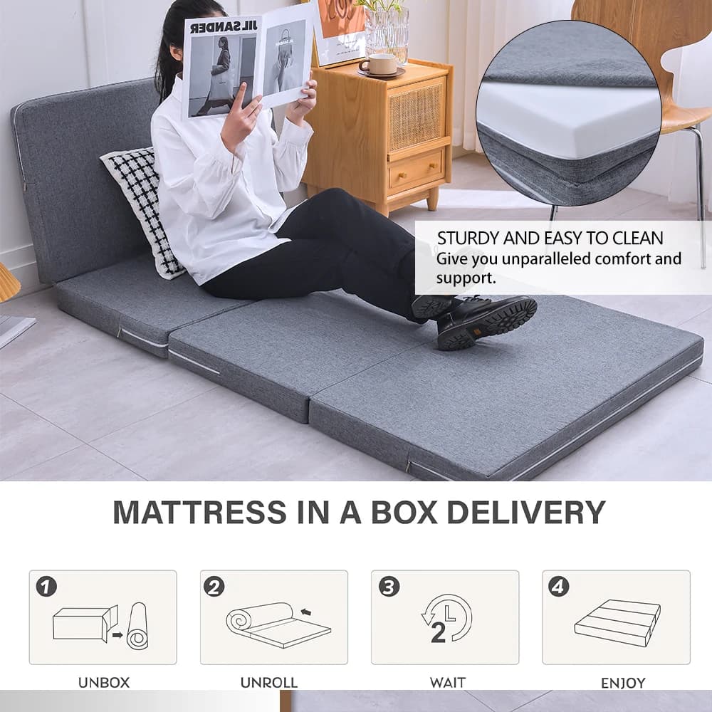 Materasso in memory foam a 4 pieghe, materasso pieghevole singolo da 3 pollici con fodera pieghevole e lavabile, tappetino da viaggio e per gli ospiti, grigio