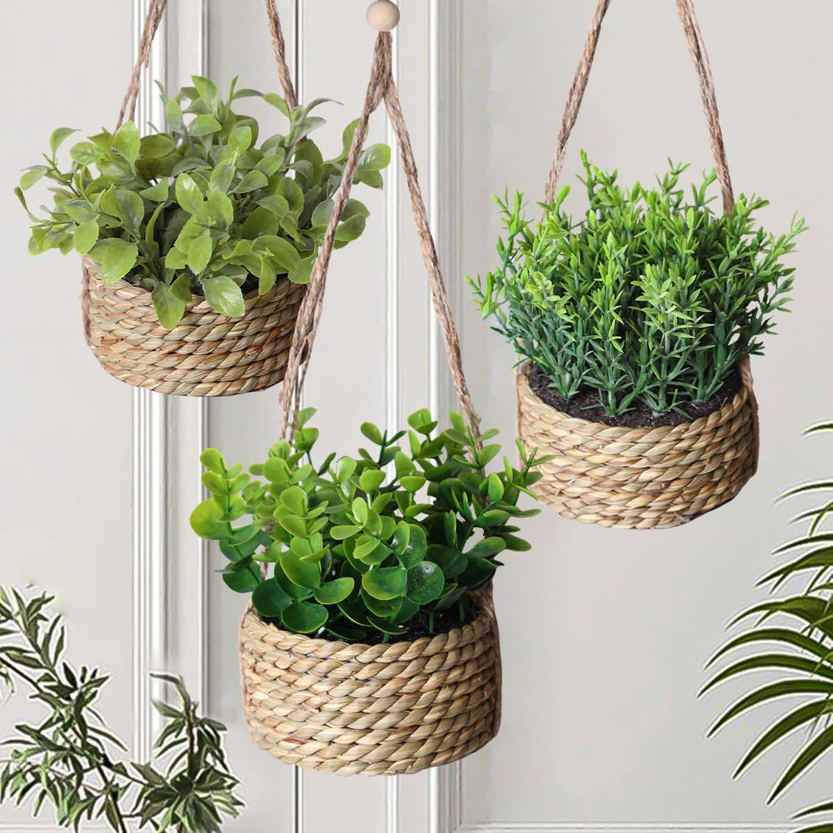 Piante Artificiali Verdi, Eucalipto Intrecciato, Rosmarino in Vaso, Prato Sintetico 40cm in PE per Decorazione Casa