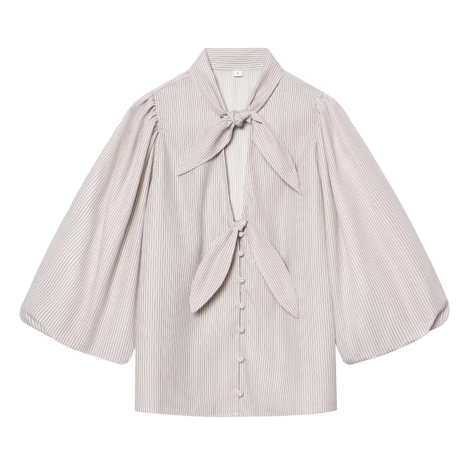 Women's Fashion Bow Striped Shirt Women Striped Bow Tie Neck Shirt Puff Sleeve Loose Blouse Elegant Casual Top For Spring 399I