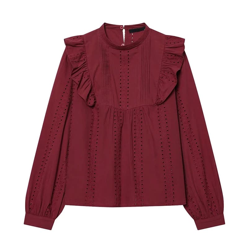 YENKYE Romantic burgundy shirt with embroidery perforated by woman, long sleeve, crew neck, casual spring top