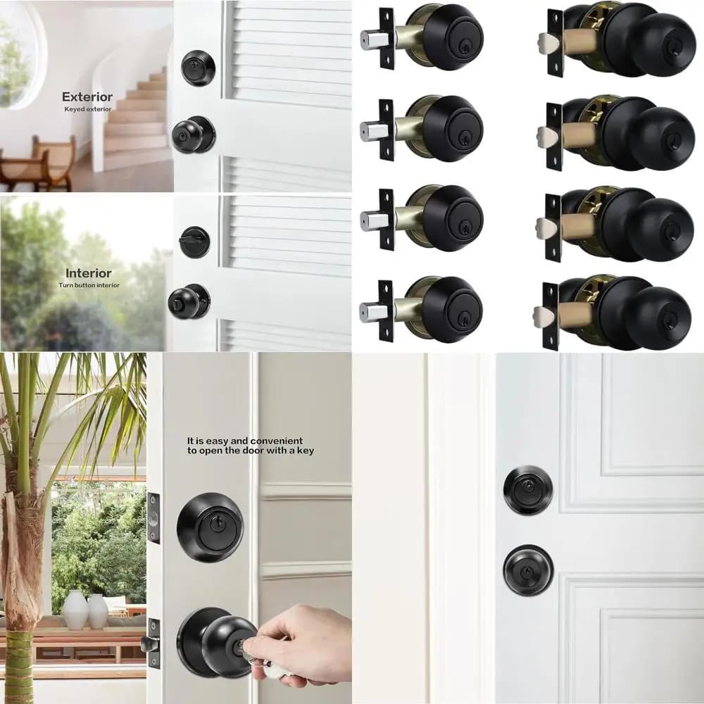 Set di 4 serrature per porta nere opache con catenaccio e pomolo, a chiave unificata