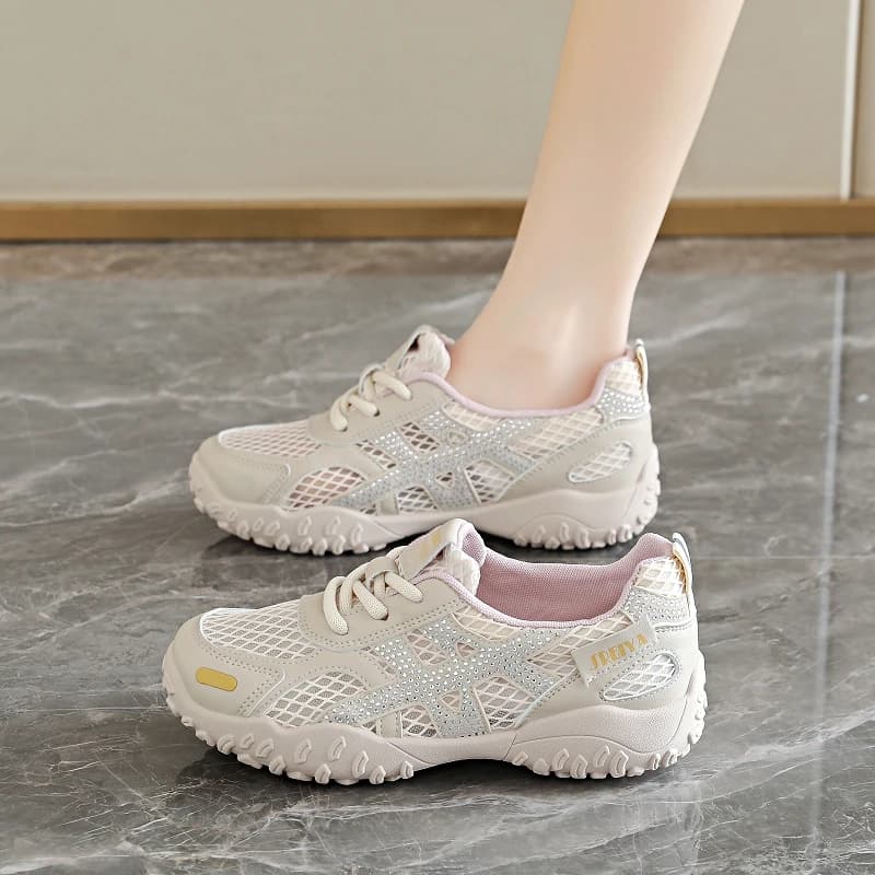 Scarpe da donna Agan in rete a fondo piatto, nuovo stile estivo, traspiranti, alla moda, casual, sportive, con suola in gomma De Xin e tacco basso