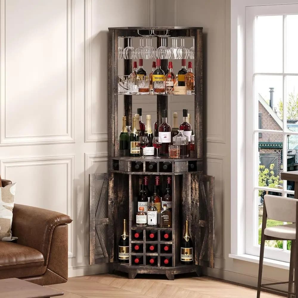 Mobiletto portabottiglie alto 72 pollici con anta scorrevole, specchio in acrilico e portabicchieri per bar domestico, sala da pranzo, soggiorno, cucina