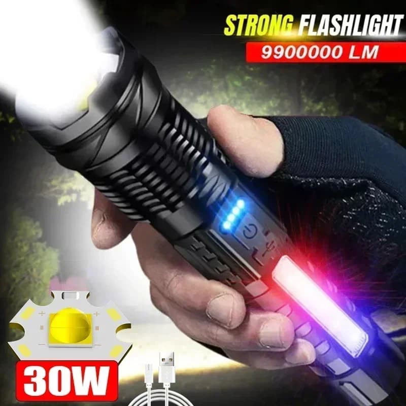 Torce a LED ad alta potenza Faretti tattici di emergenza Zoom telescopico Batteria incorporata Torcia da campeggio ricaricabile USB