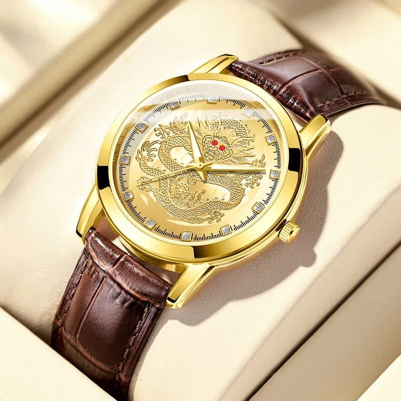Men Quartz Watch Leather Strap Wristwatch Dragon Popular Fashion Business Casual Male Wristwatch Simple Stylish Black Boy Gifts