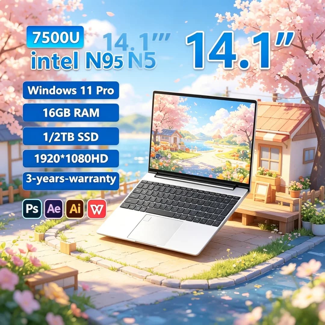 Laptop Raro 2026 da 14.1" N95 FHD IPS 120Hz con Schermo Luminoso, Batteria da 7500mAh, SSD da 32GB/2TB e Tastiera Scintillante con Motivo Papillare