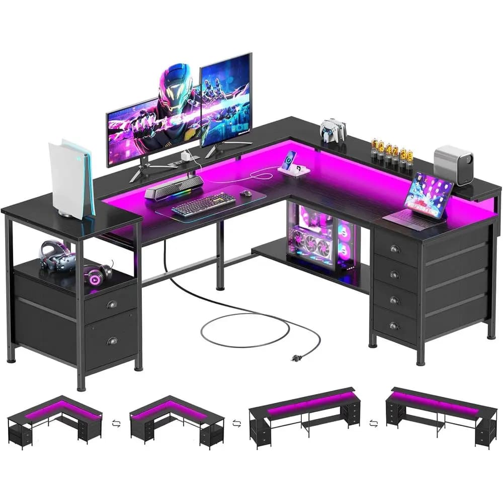 66 Two-sided gaming desk with 6 drawers, printer shelves, power sockets, LED lights and monitor support - Black Home Office De