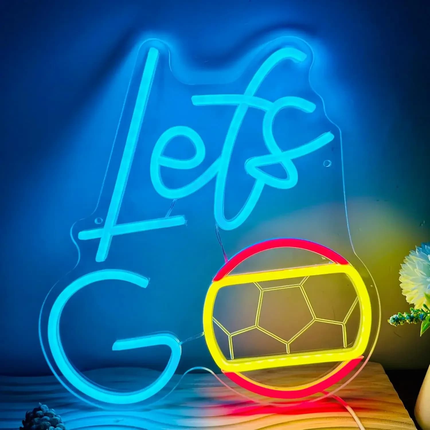 Lets Go Soccer Neon Sign Blue Yellow Red LED Wall Art USB Powered Lamp Football Fan Decor Game Room Novelty Gift Hanging Light