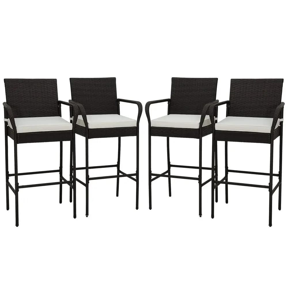 Set di 4 Sgabelli da Bar in Vimini, Sedie da Bar per Esterni con Cuscini, Braccioli e Poggiapiedi, Sgabelli in Rattan per Giardino