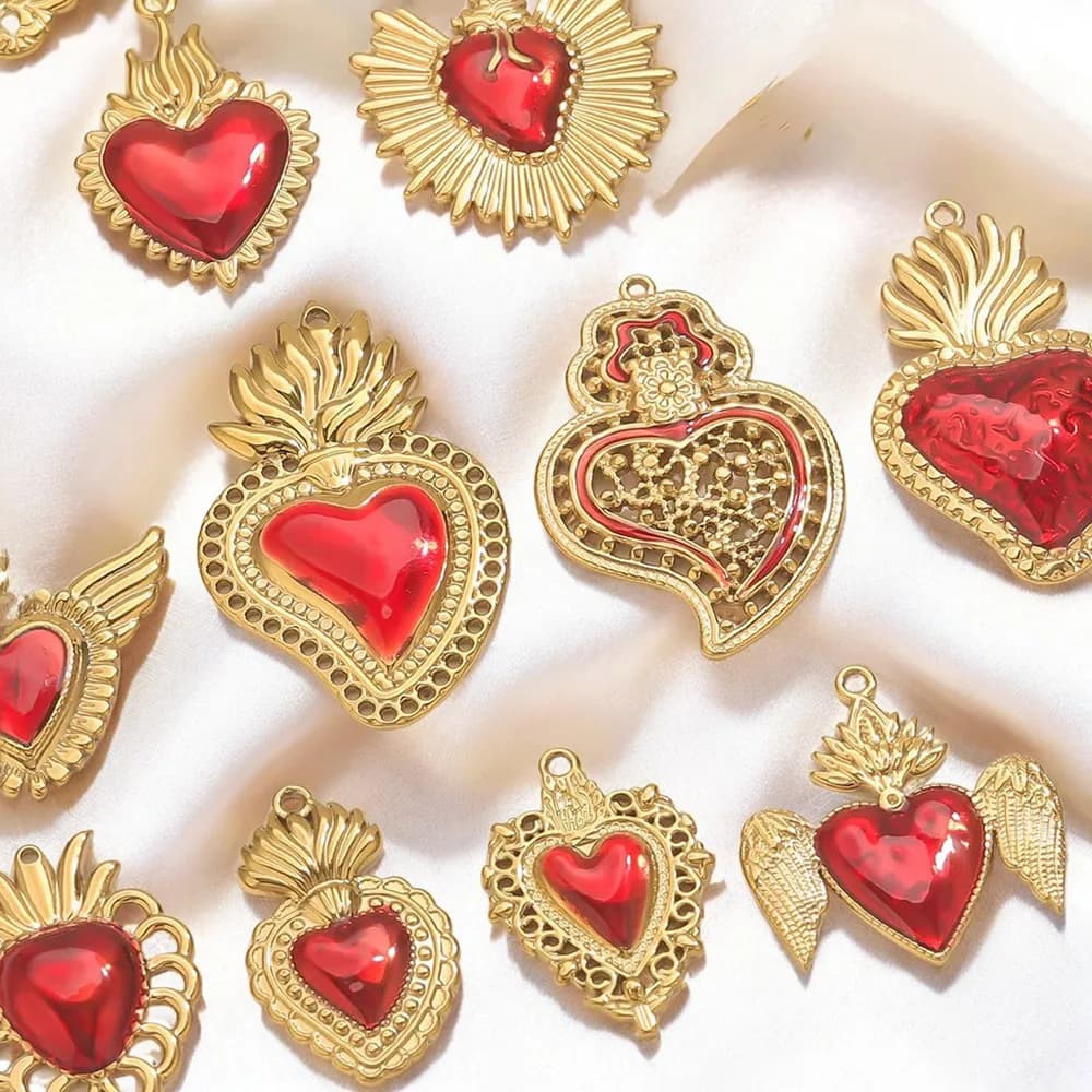 3 ciondoli a forma di cuore in smalto rosso in acciaio inossidabile placcato in oro fai da te collana braccialetto orecchini creazione di gioielli forniture all'ingrosso