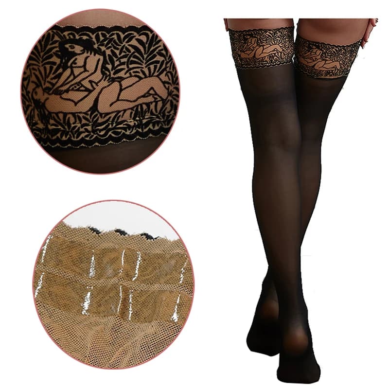 Sexy Pattern Thigh Socks Peacock Lace Mesh Women's Non Slip Silicone Stocking Black Breathable Fishing Net Over Knee Long Socks