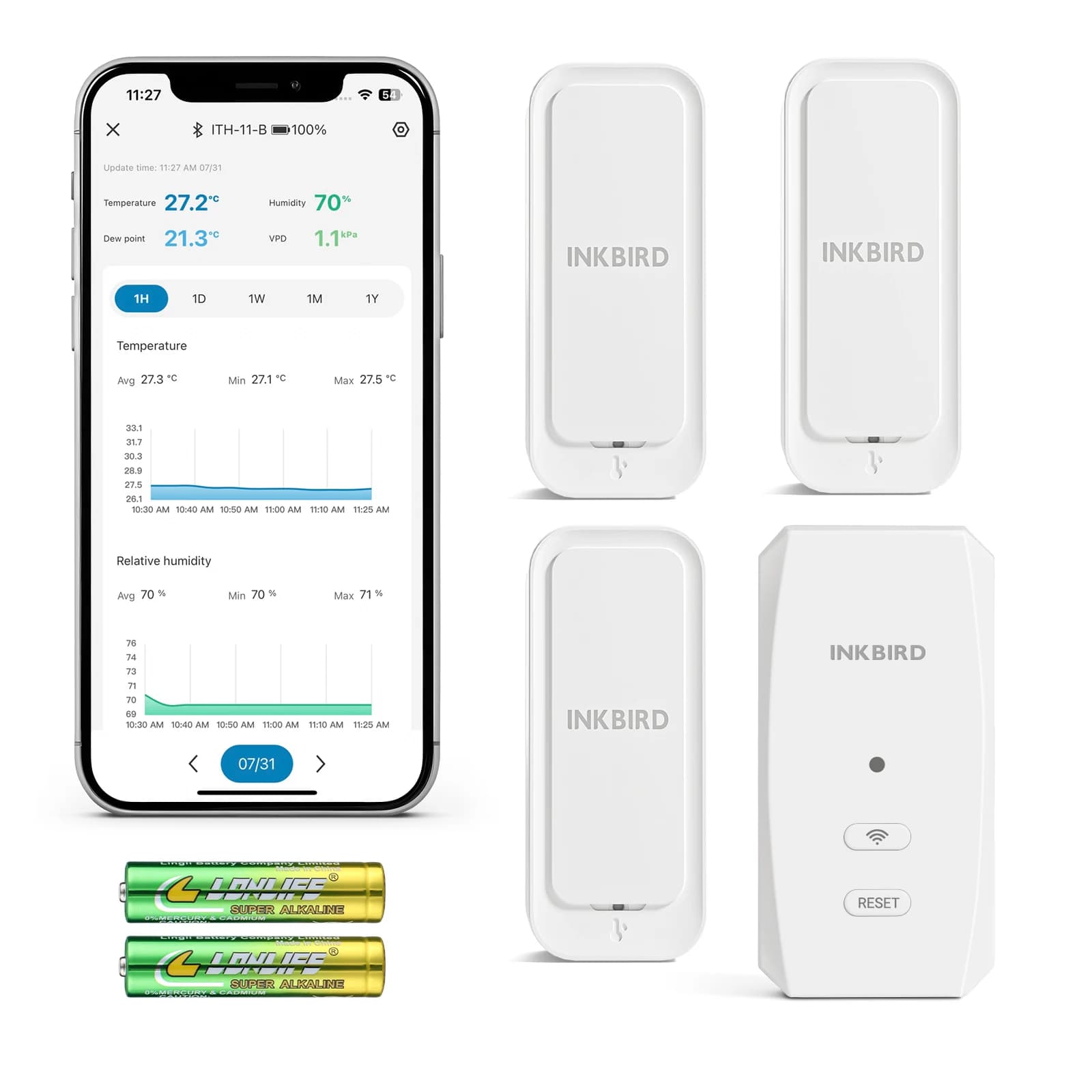 INKBIRD WiFi Gateway and Bluetooth Temperature Humidity Sensor Set (IBS-M2S-B with 3x ITH-11-B), IP65 WiFi Remote Monitoring