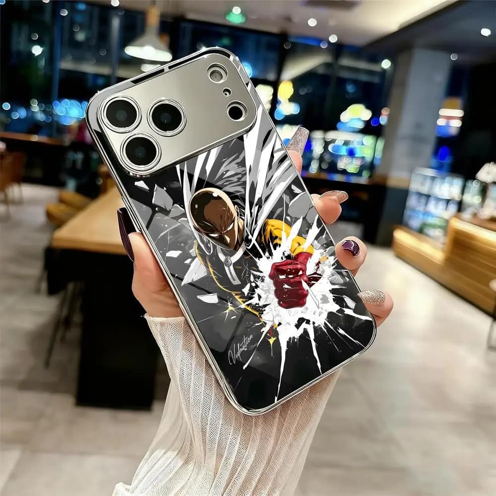 Custodia per telefono Anime One-Punch Man per iPhone 12-17 Pro Max Plus, con paraurti in metallo galvanizzato e vetro temperato sottile