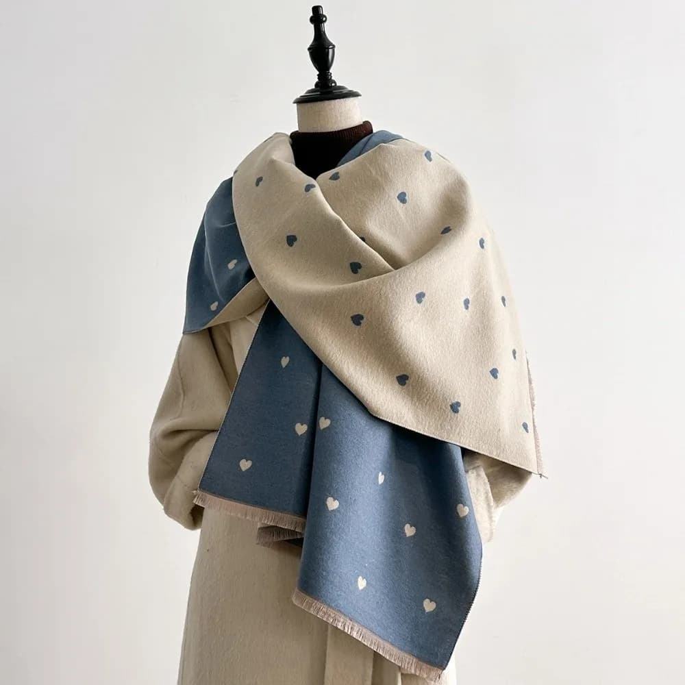 Romantic Elegant Double Sided Heart Pattern Scarf Soft Imitation Cashmere Warm Shawl Comfortable Large Wrap Scarf Outfit