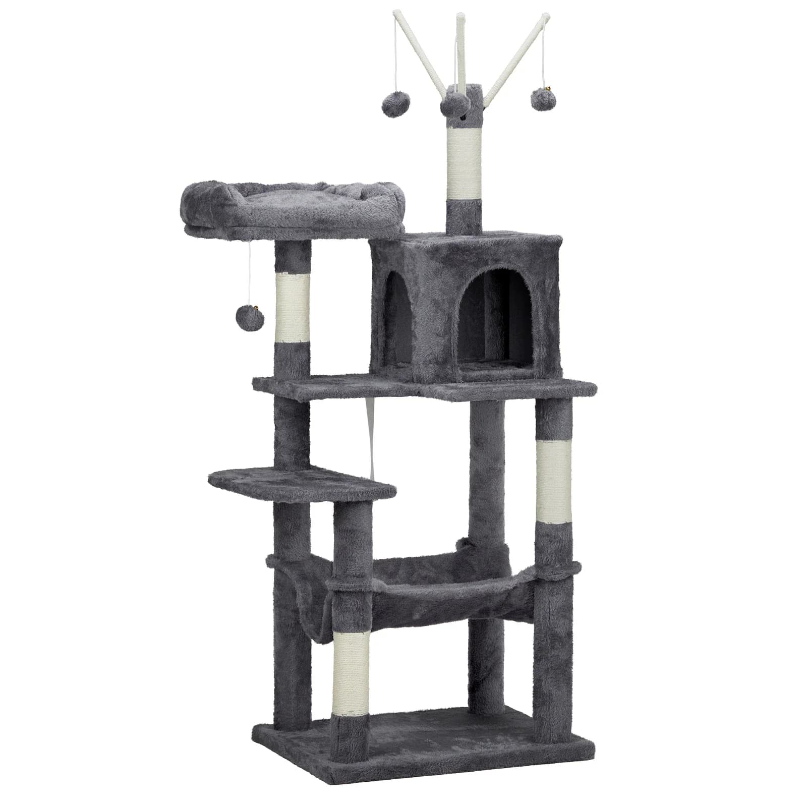 Torre per gatti da 57 pollici per interni, casetta per gatti con letto imbottito, palline giocattolo, condominio accogliente, tiragraffi in sisal, grigio scuro.