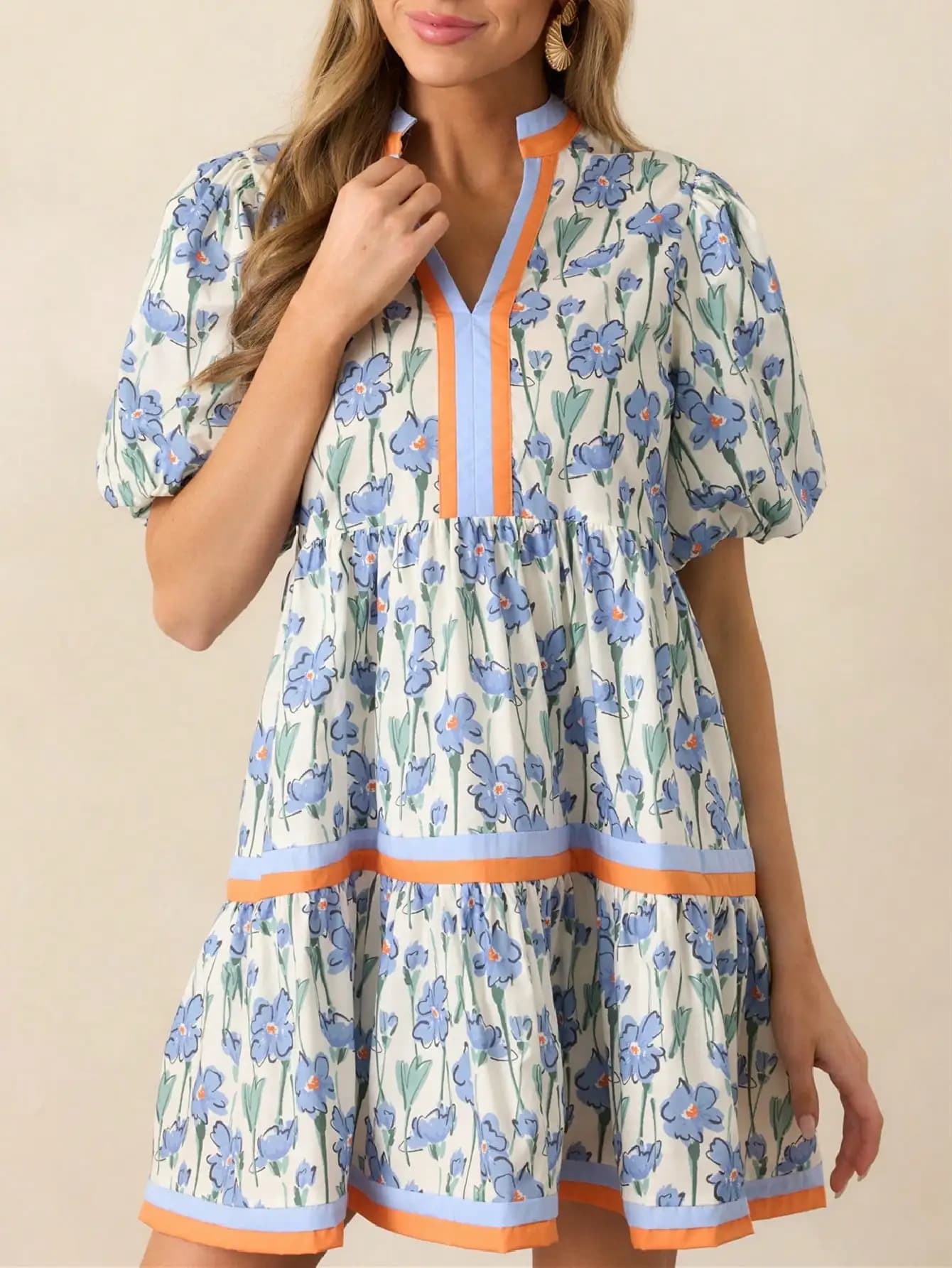 Mini abito babydoll floreale Y2K da donna con scollo a V e maniche a sbuffo per la spiaggia o per l'abbigliamento casual